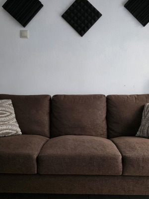 Three-seater fabric sofa, dark brown with cushions