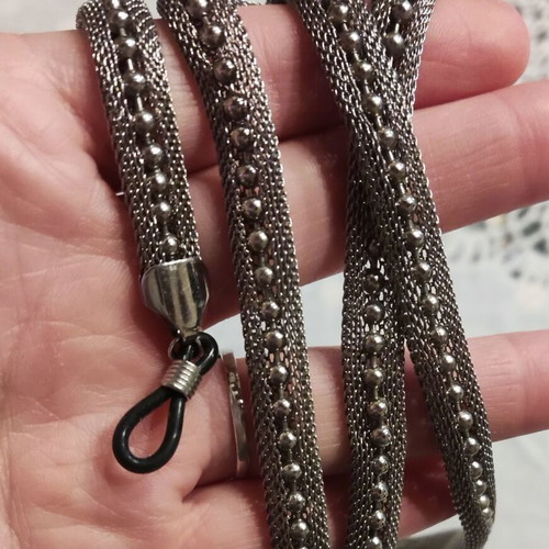 Vintage metal glasses chain used, silver with mesh texture and beads