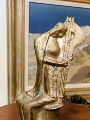 Papagiannis bronze sculpture Woman with Harp like new