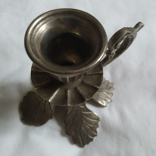 Vintage Metal Chamberstick Candlestick with Handle and Embossed Leaves used