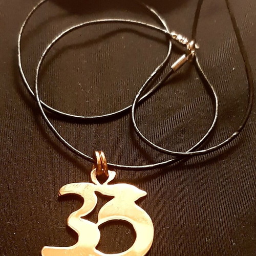 Ohm pendant necklace, pure copper with genuine leather and 925 silver