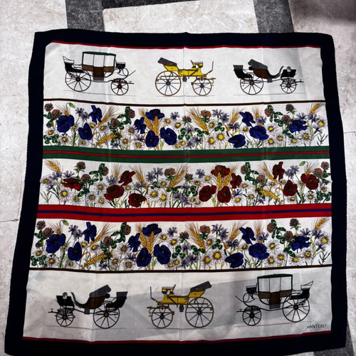 Mantero vintage silk scarf with antique carriages and colorful floral motifs
