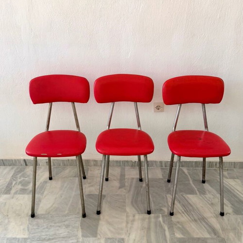 Vintage retro chairs set of 3 with red leather seats refurbished