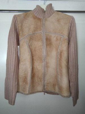 Women's cardigan used knit with eco leather and fur, size L, beige