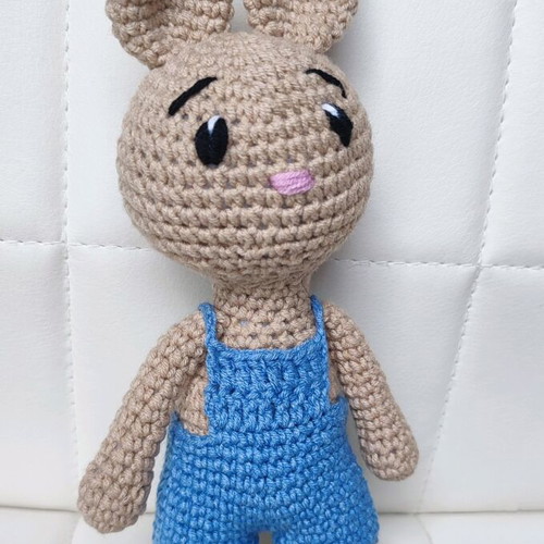 Amigurumi knitted bunny new with blue overalls