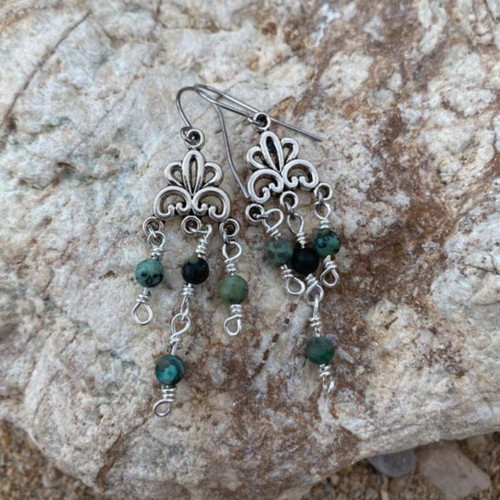 Handmade boho earrings with African turquoise jasper, silver-plated hooks