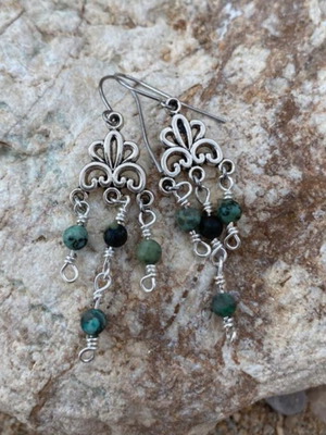 Handmade boho earrings with African turquoise jasper, silver-plated hooks