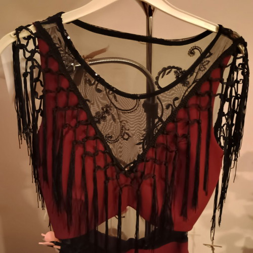 Midi dress for special occasions like new, burgundy with lace and fringes