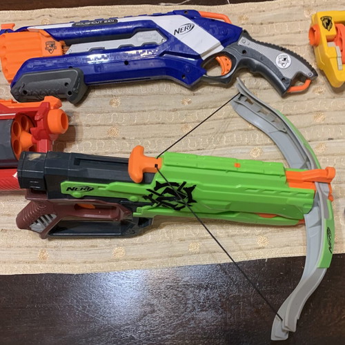 Nerf plastic guns used, set of 6, one bow needs rubber replacement