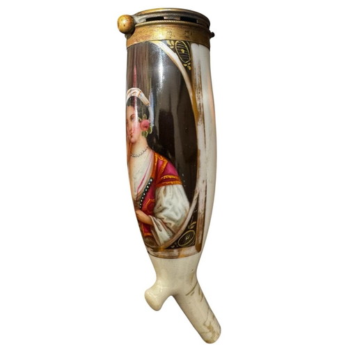 Philhellenic pipe 19th century used, porcelain and brass