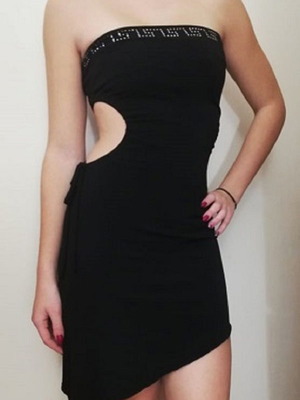 Strapless dress black like new with subtle decoration and asymmetric hem size S