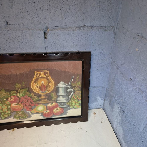 Textile embroidery artwork in frame like new with wooden mount