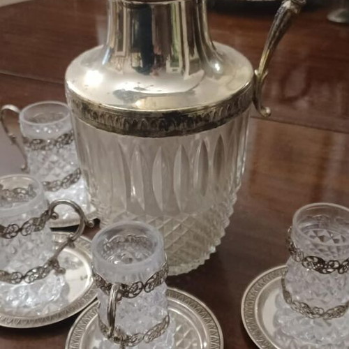 Pitcher and 5 crystal glasses silver-plated used