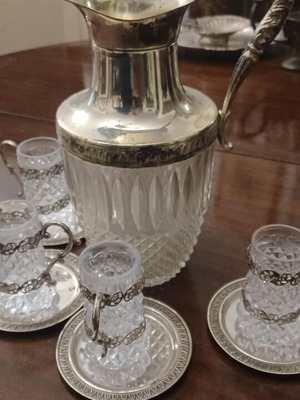Pitcher and 5 crystal glasses silver-plated used