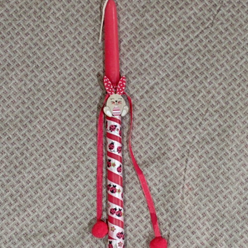 Handmade red candle like new with wooden bunny and ladybug ribbon 40 cm