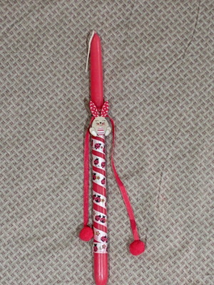 Handmade red candle like new with wooden bunny and ladybug ribbon 40 cm