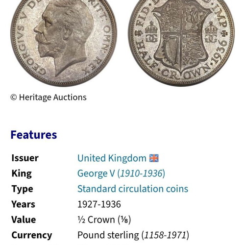 Silver coin 1/2 Crown England used 1931