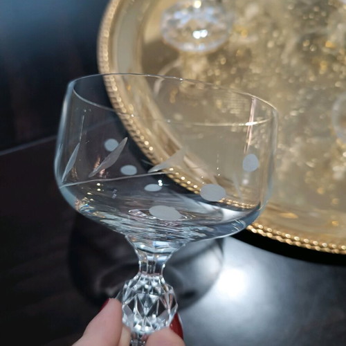 Set of 6 Crystal Coupe Champagne Glasses Used, Diamond Engraved