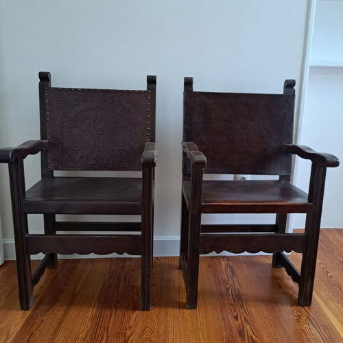 Solid Large Wooden Dining Table with Two Chairs used