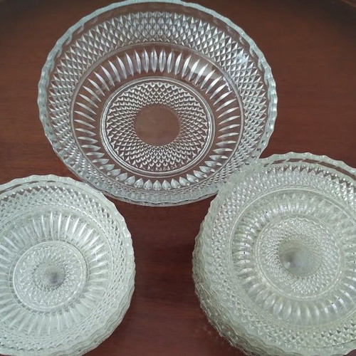 Vintage glass serving set, 22 pieces with embossed designs