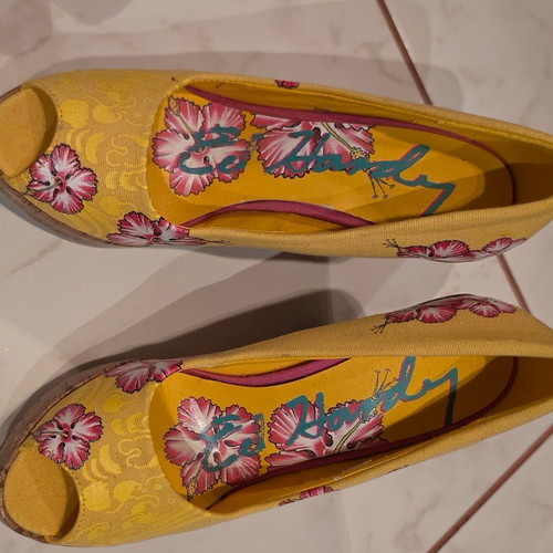 Ed Hardy platform sandals, multicolor yellow, size 37