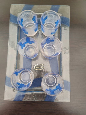 Murano Crystal Deco set with tray and 6 handmade liqueur glasses, new