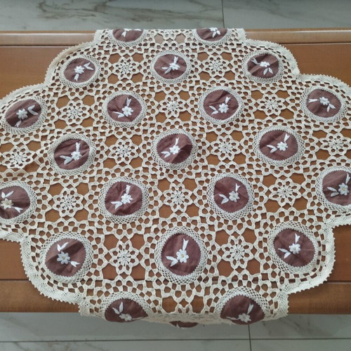 Vintage handmade crochet table linen with brown embroidered motifs, 70x70 cm