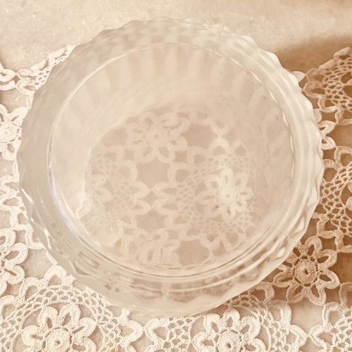 Frosted glass jar with diamond pattern and scalloped rim