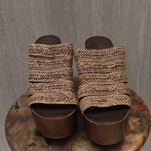 Migato platform sandals used no 36, beige and brown, leather and straw