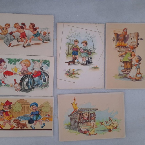 Vintage postcards with children's themes used, set of 6
