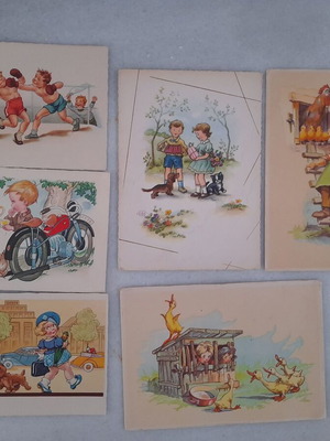 Vintage postcards with children's themes used, set of 6