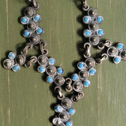 Folk art necklace used, silver with turquoise stones