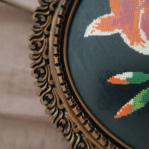 Vintage handmade cross-stitch frame with flowers used, 30×36 cm