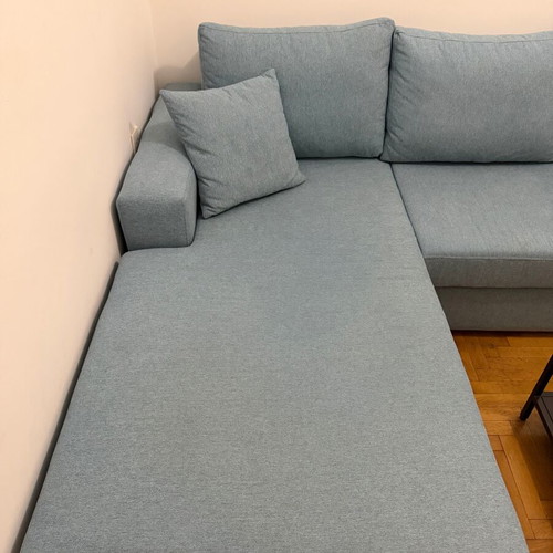 Corner sofa like new, modern design, blue, 242x185 cm
