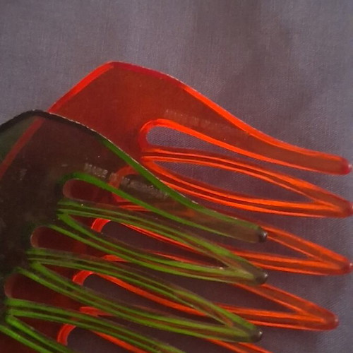 Vintage plastic hair combs set, made in Germany, green and orange
