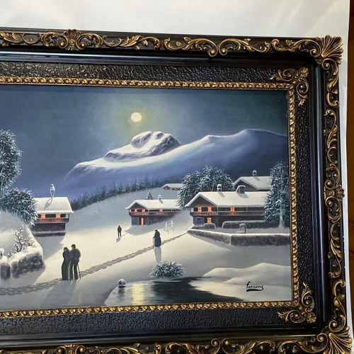 Vintage wall painting used with winter landscape in carved frame 90x150