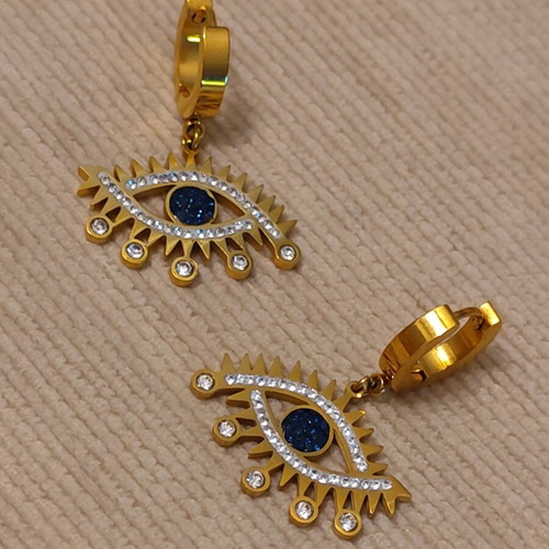Stainless Steel Eye Earrings with Blue Iris and Zirconia, Boho Chic Glam