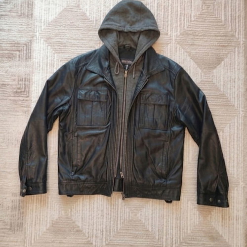 X-SOMA Real Leather Jacket used, size L-XL, black with removable hood