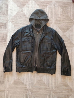 X-SOMA Real Leather Jacket used, size L-XL, black with removable hood