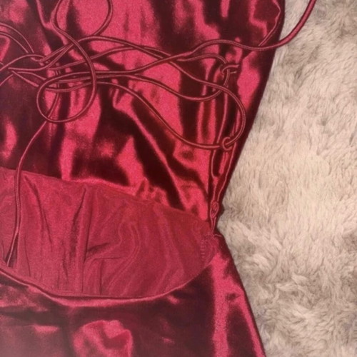 Red satin mini dress, adjustable straps, silky texture