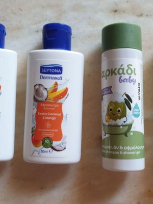 Septona Exotic Coconut & Mango αφρόλουτρο δείγματα και Arkadi baby απαλό σαμπουάν & αφρόλουτρο