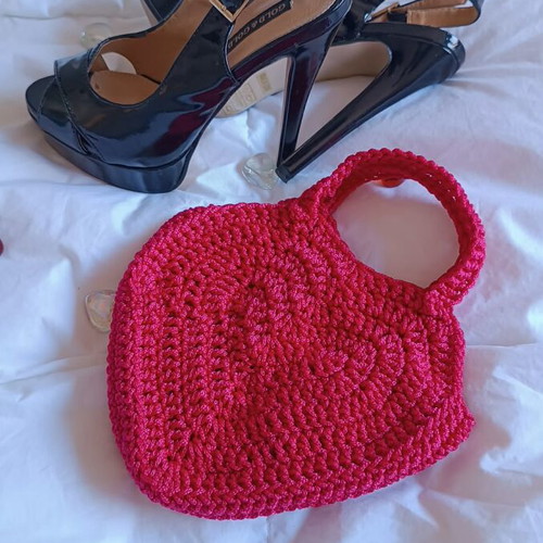 Knitted handmade heart-shaped bag red made to order