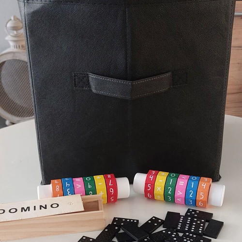 Black Fabric Storage Box 30x30x30 cm with Educational Toys and Wooden Domino like new