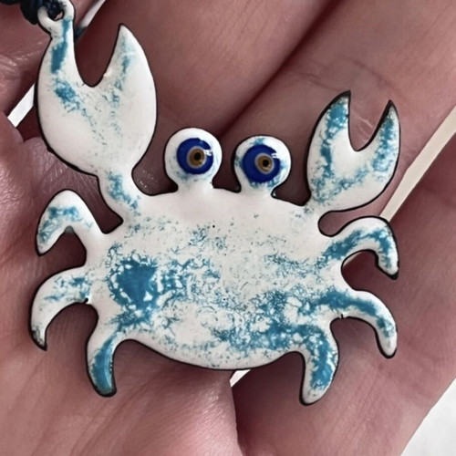 Handcrafted enamel crab pendant necklace with fixed cord, new