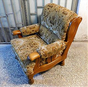 Πολυθρόνα ξύλινη (δρύινη), με βελούδινη επένδυση, vintage.