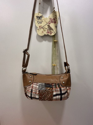 Elegant crossbody bag like new, textile and eco leather, warm brown