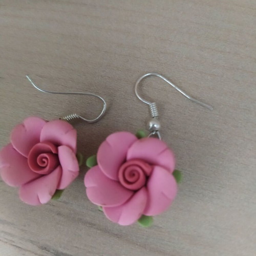 Rose dangle earrings like new pink made of special clay