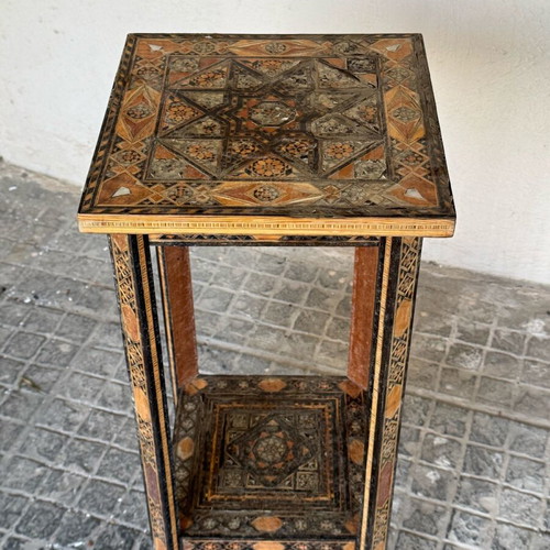 Wooden decorative table with carvings used, vintage style