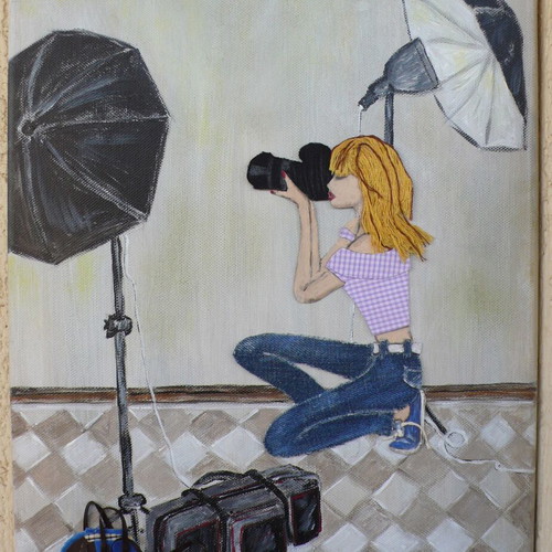 3D Mixed Media Painting "The Photographer" on Canvas, New