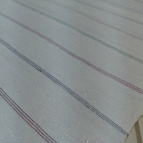 Traditional cotton fabric on loom, new, white with colorful stripes